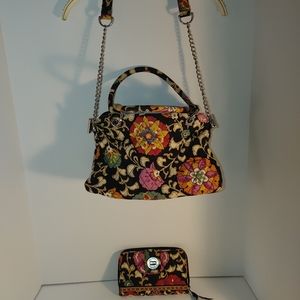 Vera Bradley Shoulder Bag Floral Black Tones with Matching Wallet Or Clutch